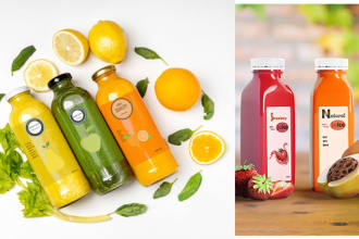 design label of juice, soft drinks and water bottle