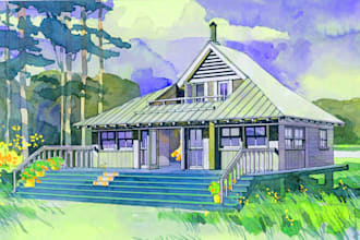 do house portrait or building drawing in watercolor