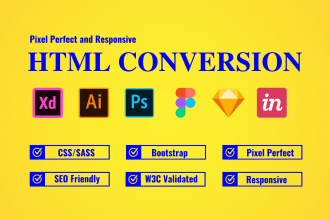 convert PSD to HTML, figma to HTML, xd to html css bootstrap responsive website