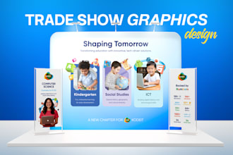 design trade show booth graphics, backdrop, banner, podium