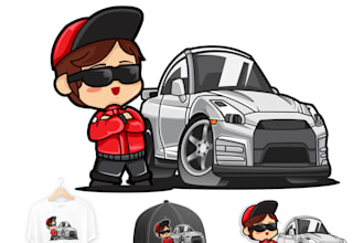 create cute chibi character and custom car illustration