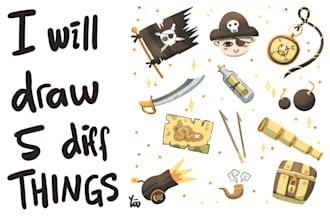 draw illustrations of 5 things in flat cartoon style