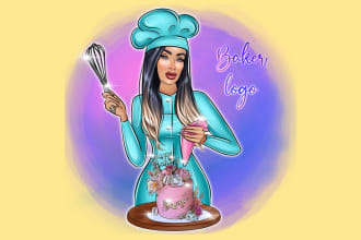 draw baker cartoon portrait, bakery logo, baker business