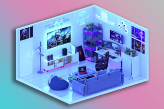 design and 3d render for your isometric gaming, streaming room
