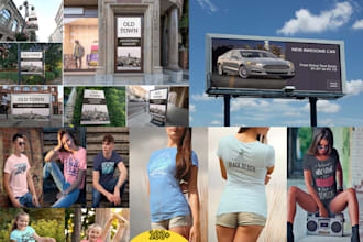 design custom t shirt, cup, hat, bag, car, and billboard mockups for your brand