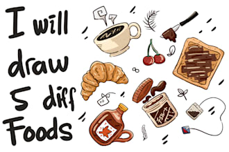 draw 5 food illustration in flat cartoon style