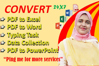 convert pdf to excel, pdf to word, data collection, and typing job