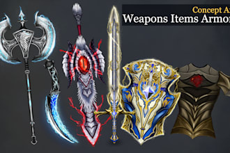 draw any medieval fantasy weapons, armors and items art