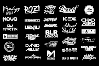 modern dj music, calligraphy, band, rap rock band techno, edm text producer logo