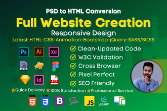 convert PSD, xd, figma, sketch to HTML CSS bootstrap responsive design
