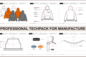 do fashion design flat sketch, tech pack for clothing brand