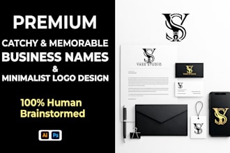 create a catchy business name, slogan, and minimalist brand identity