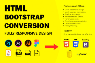 convert psd to html, xd to html, pdf to html responsive