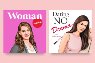 draw detailed cartoon based podcast cover art or logo