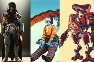 do 3d renders of robot mecha characters and og concept art