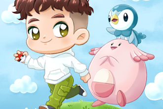draw you as pokemon trainer in chibi anime style