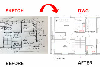 draw 2d floor plan,elevation,section from your sketch