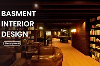 design a full basement interior with 3d rendering