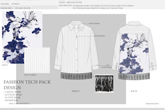 create a fashion or apparel flat sketch and tech pack
