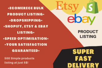do bulk product listing, product uploading to etsy shopify