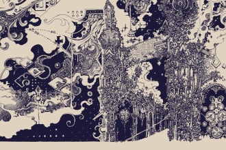 hand draw black and white whimsical illustration