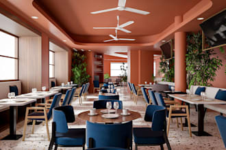 do 3d rendering and interior design for cafe restaurant gym salon spa bar
