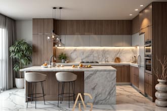 create interior design 3d rendering to kitchen, bathroom etc