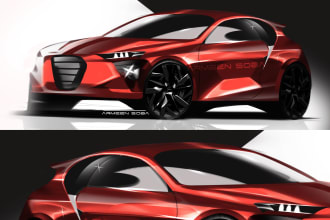 render and sketch car and product