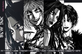 draw manga anime character design, oc, dnd, ffxiv, fanart, nsfw, gothic, ink