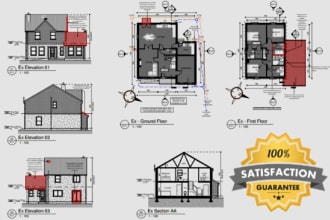 draw an architectural floor plan, elevation, and section
