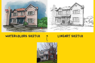 drawing line art sketch house, and other buildings