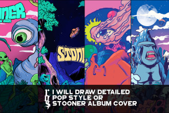 draw detailed pop psychedelic style or stooner album cover