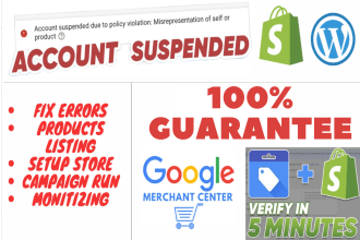 fix all errors and suspension google merchants center