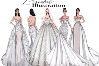 draw gorgeous wedding dress and bridal illustration