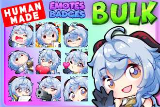 create chibi emotes or sub badges for twitch discord kick in bulk for you