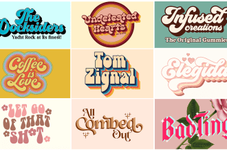 design custom hand lettering, script typography, retro hippie font logo