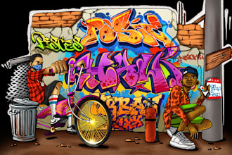 create graffiti illustration, album cover, merchandise, logo