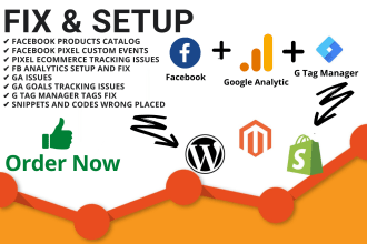 fix and setup google analytics, tag manager facebook pixel installation in 2hour