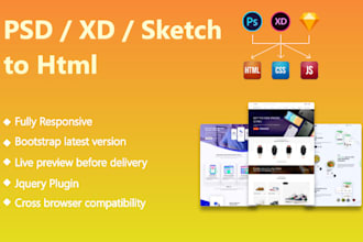 convert PSD to HTML, xd to HTML, sketch to HTML responsive
