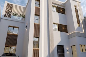 create a modern architectural facade design and 3d render