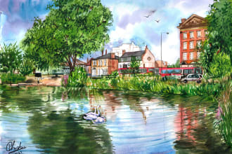 create a hand drawn watercolor landscape illustration