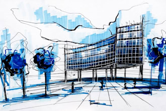 do free hand interior architectural drawing with a technique of your choice