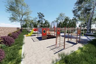create a 3d rendering of children park and playground