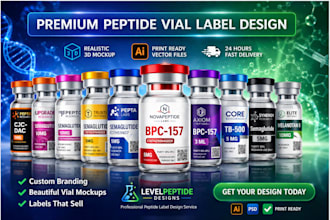 do peptide vial label design and product label design with 3d mockup