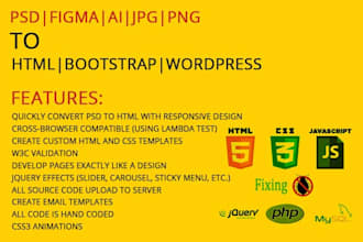 convert PSD, jpg, figma to HTML CSS, bootstrap responsive