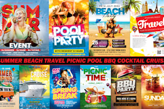 summer, spring, beach, cruise, BBQ, travel, picnic, pool party or cocktail flyer