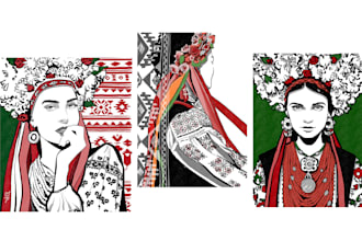 draw folk art, ethnic vibes for book, merchandise, wall art