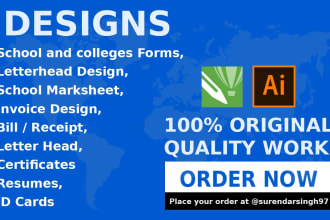 design admission forms, invoices, fee receipts, rate list, id cards, certificate