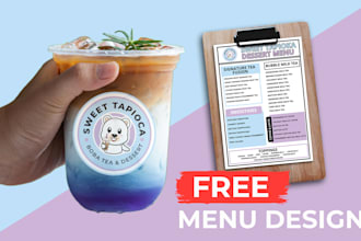 design bubble tea, boba, milk tea logo with free menu design