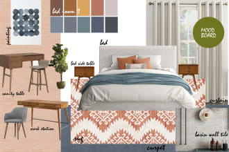 create interior decor plan, mood board with furniture and color scheme